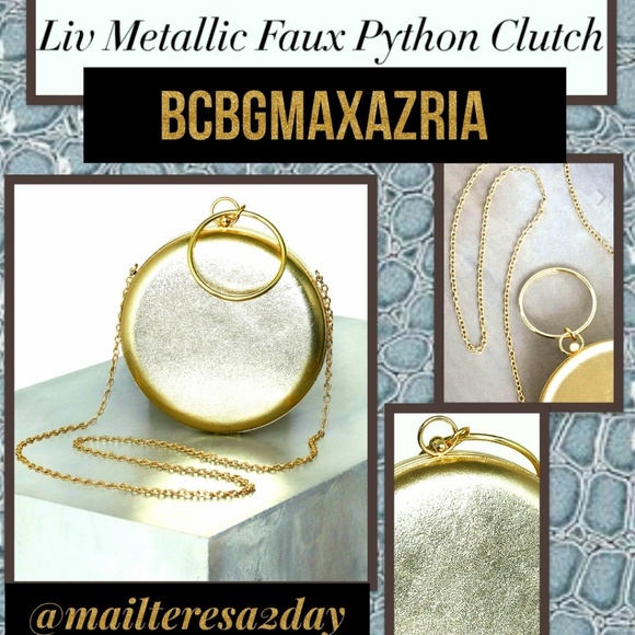 💖NWT BCBGMAXAZRIA LIZ METALLIC FAUX PYTHON CLUTCH - Picture 1 of 3